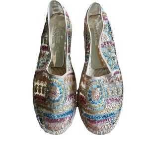 VIGUERA Sequin Espadrille Loafers Pink Blue W/Rope Sole Made In Spain SZ 6.5 EUC